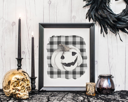 White Jack O Lantern Buffalo Plaid Halloween Printable Wall Art, Digital Download