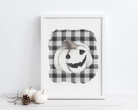 White Jack O Lantern Buffalo Plaid Halloween Printable Wall Art, Digital Download