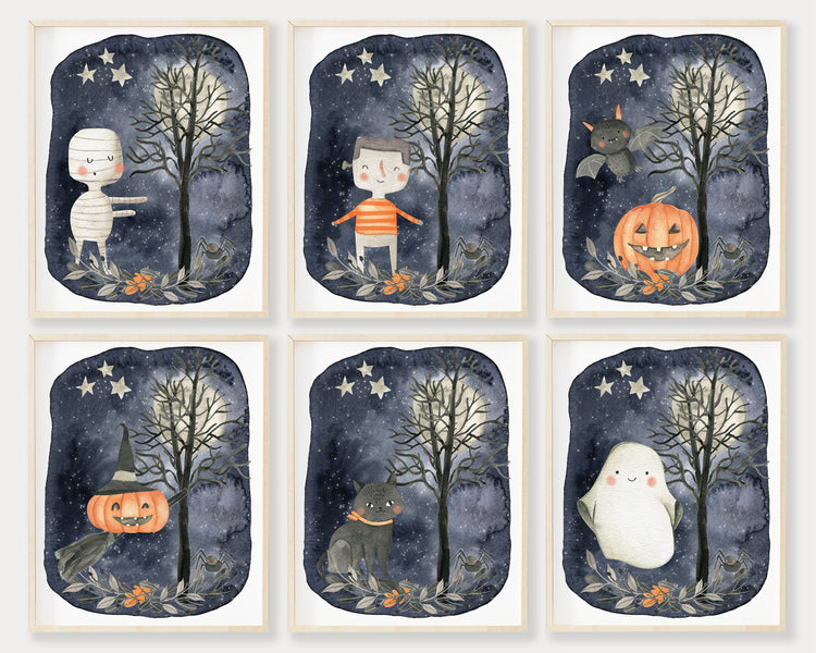 Cute Halloween Night Scene Printable Wall Art Set of 6, Digital Download