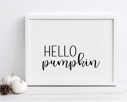 Hello Pumpkin Horizontal Printable Wall Art, Black and White Fall Quote Digital Download