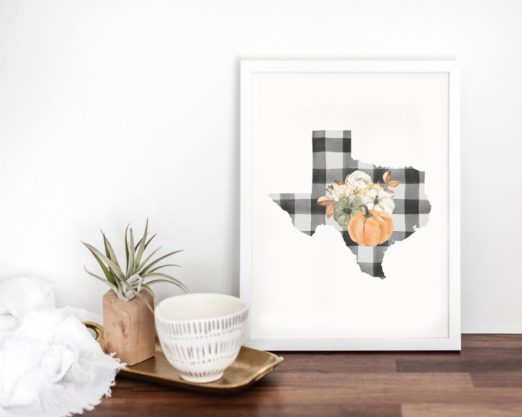Buffalo Plaid Fall Floral Pumpkins Texas Printable Wall Art, Digital Download