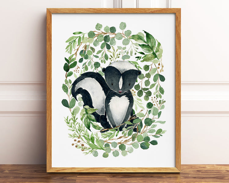 Watercolor Greenery Skunk Printable Wall Art, Digital Download