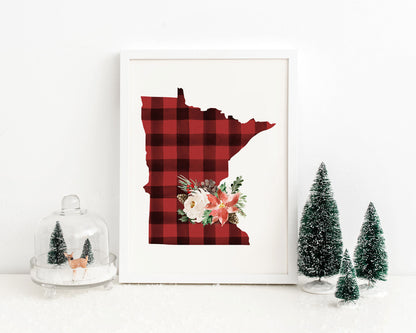 Minnesota Red and Black Buffalo Plaid Printable Wall Art, Christmas State Art Digital Download