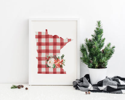 Minnesota Red and Off White Buffalo Plaid Printable Wall Art, Christmas State Art Digital Download