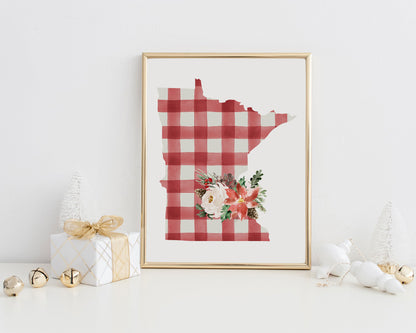 Minnesota Red and Off White Buffalo Plaid Printable Wall Art, Christmas State Art Digital Download