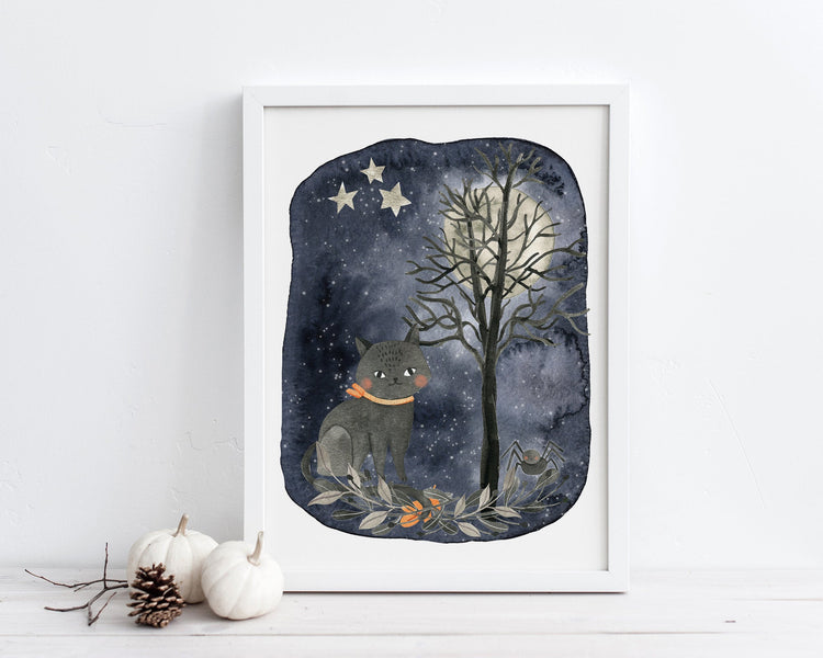 Black Cat Halloween Printable Wall Art, Digital Download
