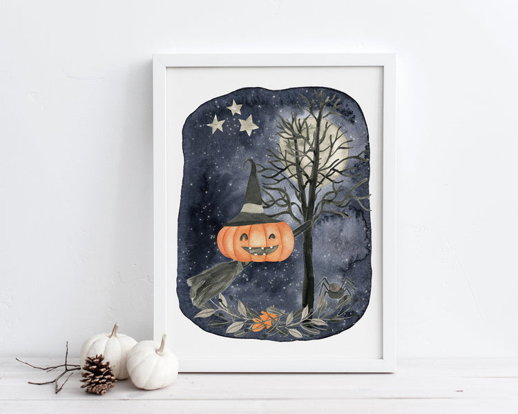 Pumpkin Witch Halloween Printable Wall Art, Digital Download