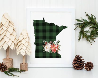 Minnesota Green and Black Buffalo Plaid Printable Wall Art, Christmas State Art Digital Download