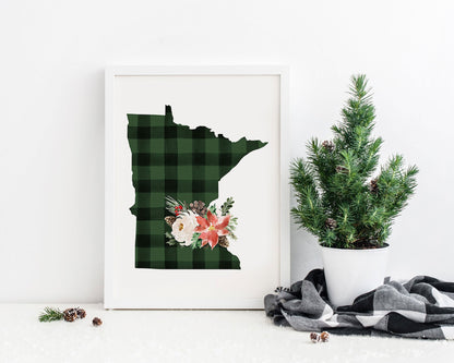 Minnesota Green and Black Buffalo Plaid Printable Wall Art, Christmas State Art Digital Download