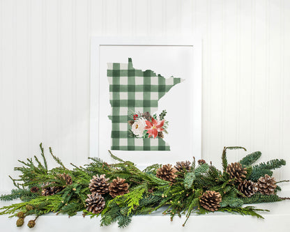 Minnesota Green and Off White Buffalo Plaid Printable Wall Art, Christmas State Art Digital Download