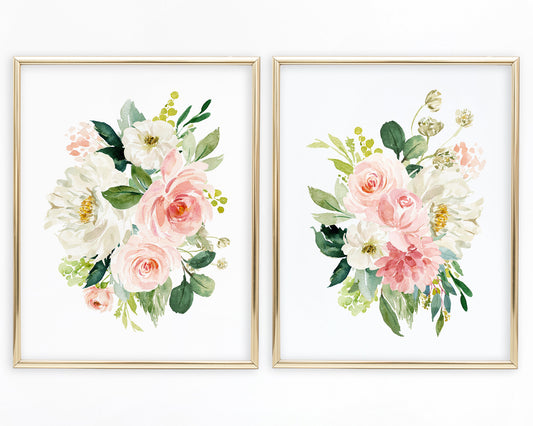 Watercolor Peony Floral Bouquet Set of 2 Printable Wall Art, Digital Download