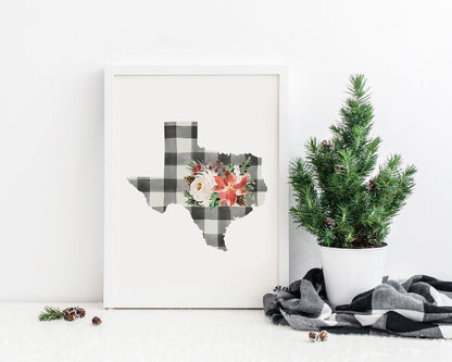 Texas Black and Off White Buffalo Plaid Printable Wall Art, Christmas State Art Digital Download