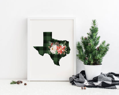 Texas Green and Black Buffalo Plaid Printable Wall Art, Christmas State Art Digital Download