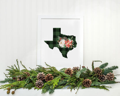 Texas Green and Black Buffalo Plaid Printable Wall Art, Christmas State Art Digital Download