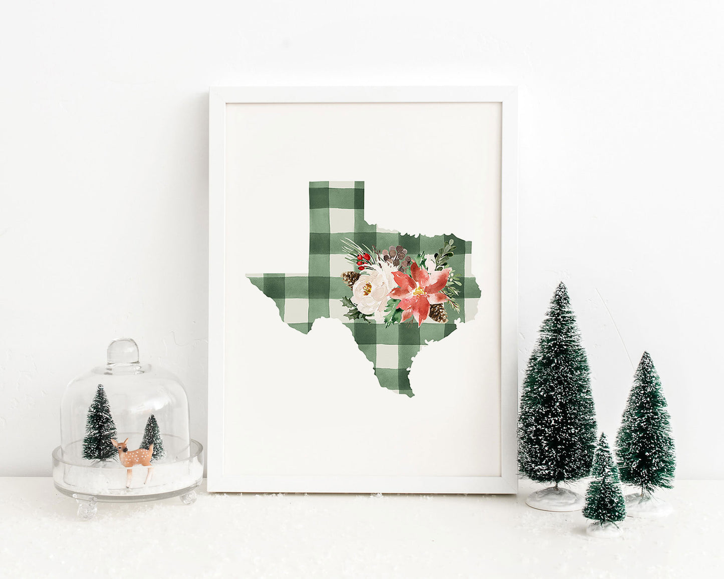 Texas Green and Off White Buffalo Plaid Printable Wall Art, Christmas State Art Digital Download