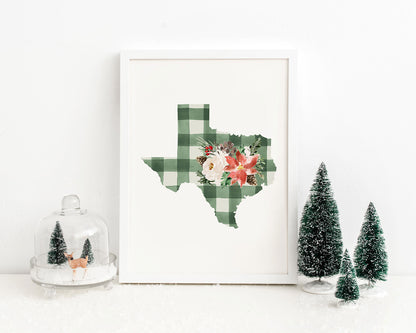 Texas Green and Off White Buffalo Plaid Printable Wall Art, Christmas State Art Digital Download