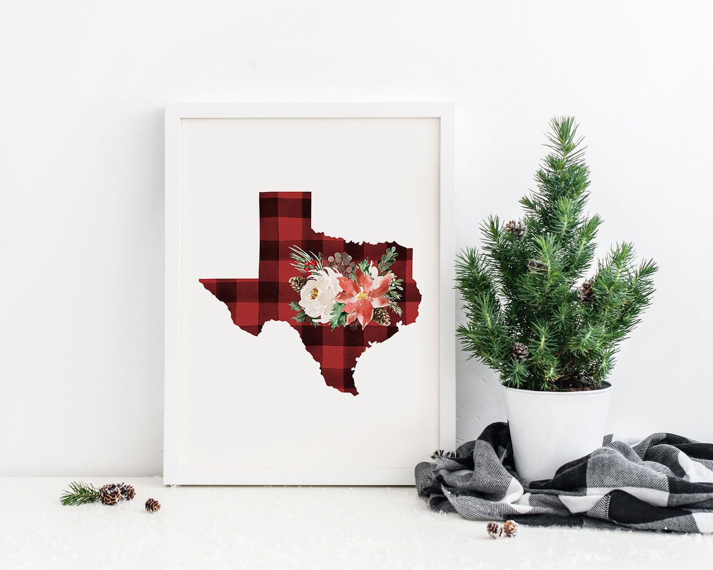 Texas Red and Black Buffalo Plaid Printable Wall Art, Christmas State Art Digital Download