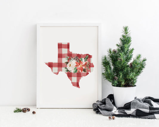 Texas Red and Off White Buffalo Plaid Printable Wall Art, Christmas State Art Digital Download