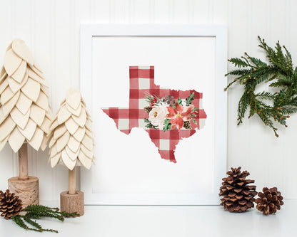 Texas Red and Off White Buffalo Plaid Printable Wall Art, Christmas State Art Digital Download