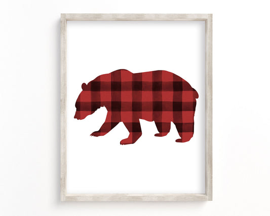Watercolor Buffalo Plaid Bear Silhouette Printable Wall Art, Digital Download