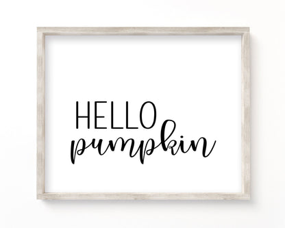 Hello Pumpkin Horizontal Printable Wall Art, Black and White Fall Quote Digital Download