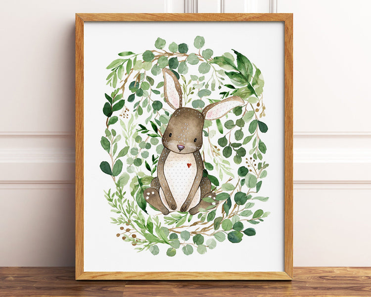 Watercolor Greenery Bunny Rabbit Printable Wall Art, Digital Download