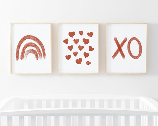 Rust Rainbow Hearts and XO Printable Wall Art Set of 3, Digital Download