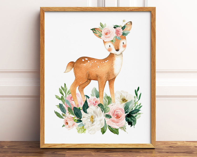 Watercolor Boho Flower Crown Deer Printable Wall Art, Digital Download