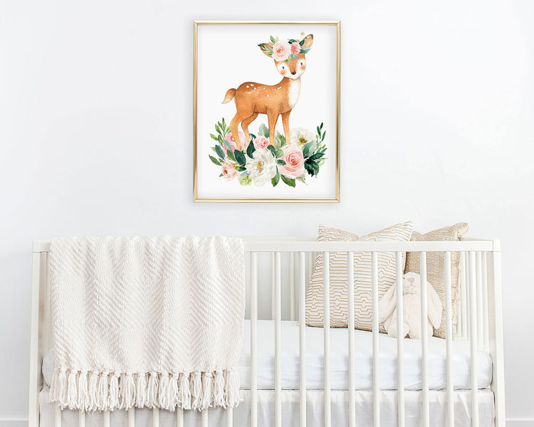 Watercolor Boho Flower Crown Deer Printable Wall Art, Digital Download