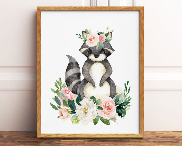Watercolor Boho Flower Crown Raccoon Printable Wall Art, Digital Download