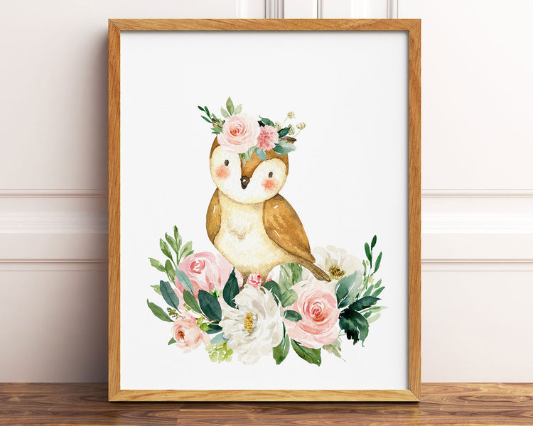Watercolor Boho Flower Crown Owl Printable Wall Art, Digital Download