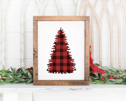 Watercolor Buffalo Plaid Christmas Tree Printable Wall Art, Rustic Holiday Decor Digital Download