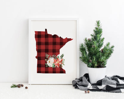 Minnesota Red and Black Buffalo Plaid Printable Wall Art, Christmas State Art Digital Download