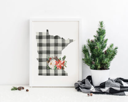 Minnesota Black and Off White Buffalo Plaid Printable Wall Art, Christmas State Art Digital Download