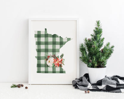 Minnesota Green and Off White Buffalo Plaid Printable Wall Art, Christmas State Art Digital Download