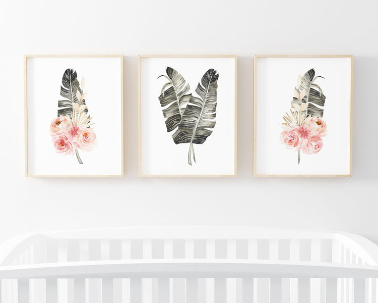 Watercolor Floral Palm Leaf Set of 3 Printable Wall Art, Digital Download