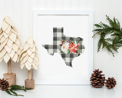 Texas Black and Off White Buffalo Plaid Printable Wall Art, Christmas State Art Digital Download