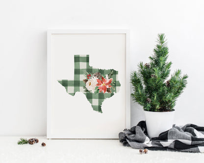 Texas Green and Off White Buffalo Plaid Printable Wall Art, Christmas State Art Digital Download