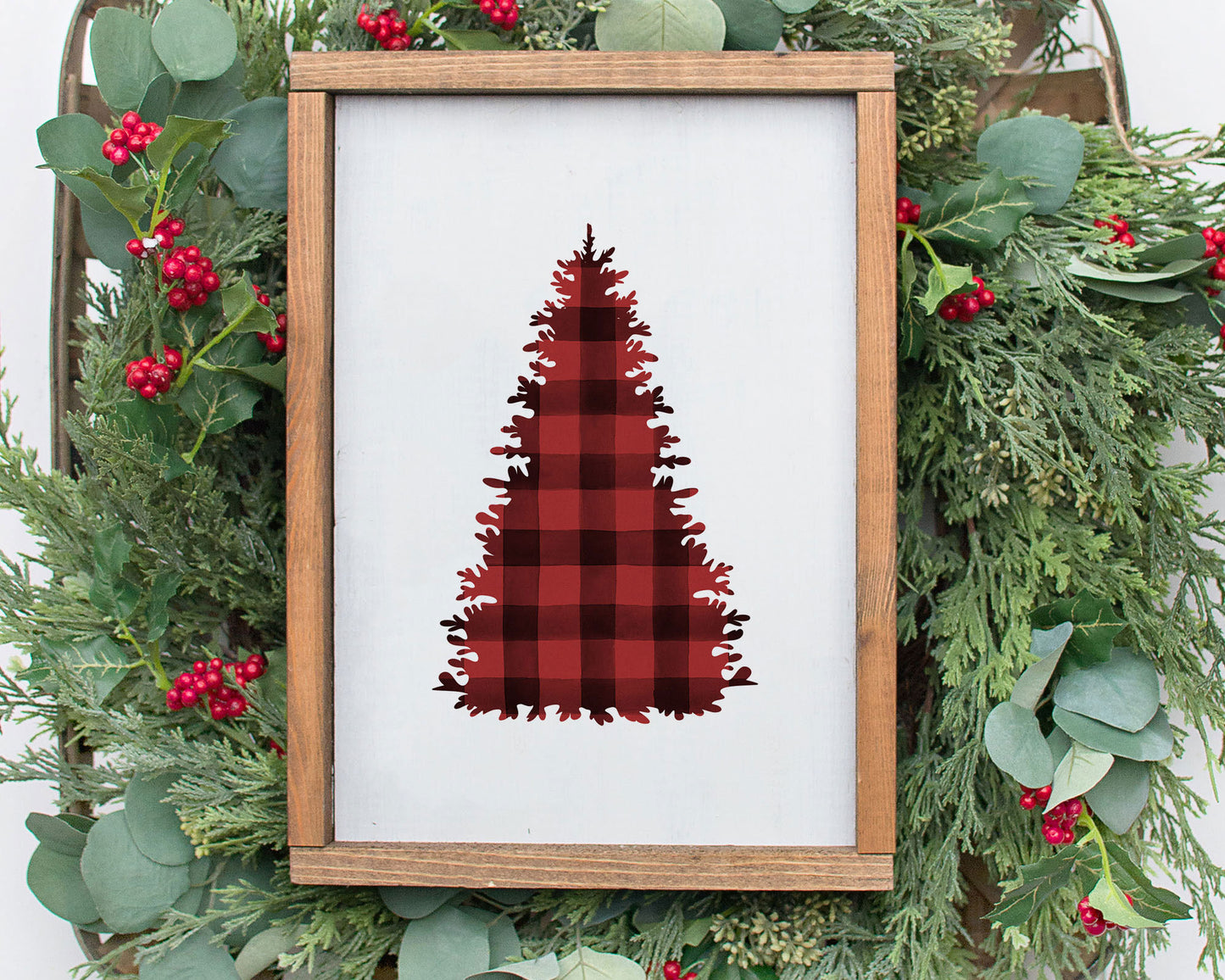 Watercolor Buffalo Plaid Christmas Tree Printable Wall Art, Rustic Holiday Decor Digital Download