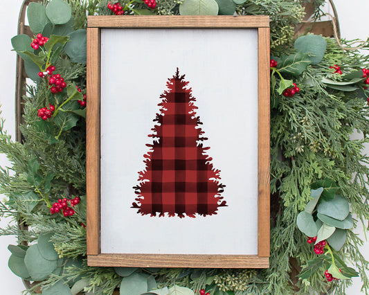 Watercolor Buffalo Plaid Christmas Tree Printable Wall Art, Rustic Holiday Decor Digital Download