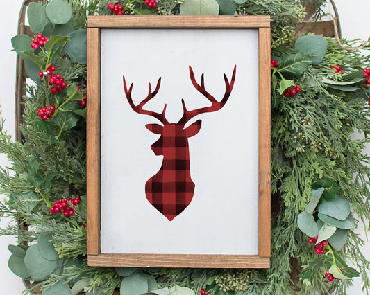 Watercolor Buffalo Plaid Woodland Stag Printable Wall Art, Rustic Holiday Decor Digital Download