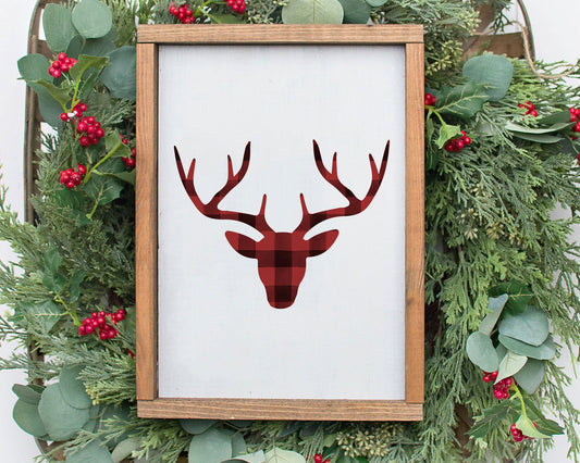 Watercolor Buffalo Plaid Forest Buck Printable Wall Art, Rustic Holiday Decor Digital Download