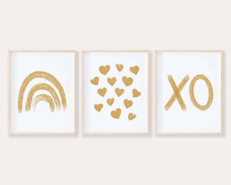 Mustard Rainbow Hearts and XO Printable Wall Art Set of 3, Digital Download