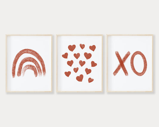 Rust Rainbow Hearts and XO Printable Wall Art Set of 3, Digital Download