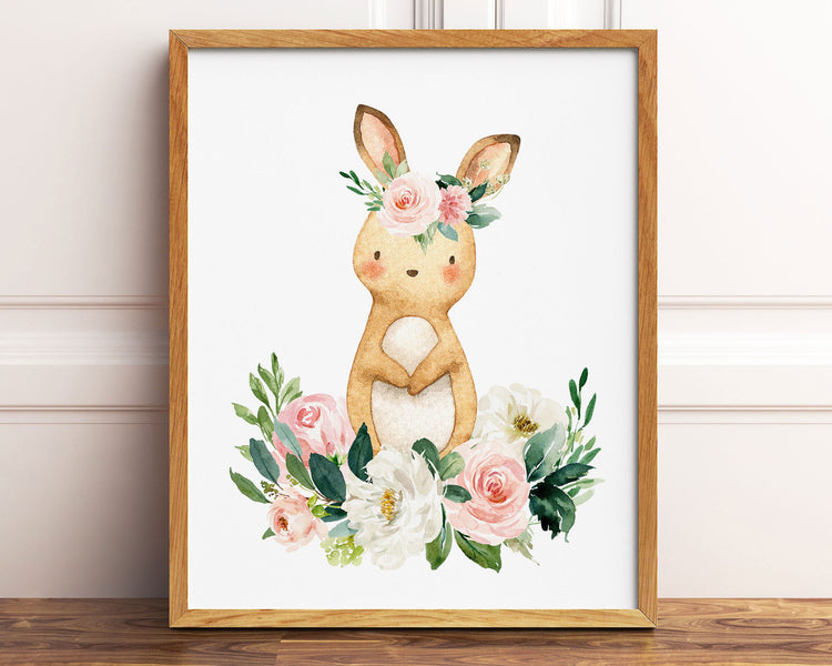Watercolor Boho Flower Crown Bunny Rabbit Printable Wall Art, Digital Download