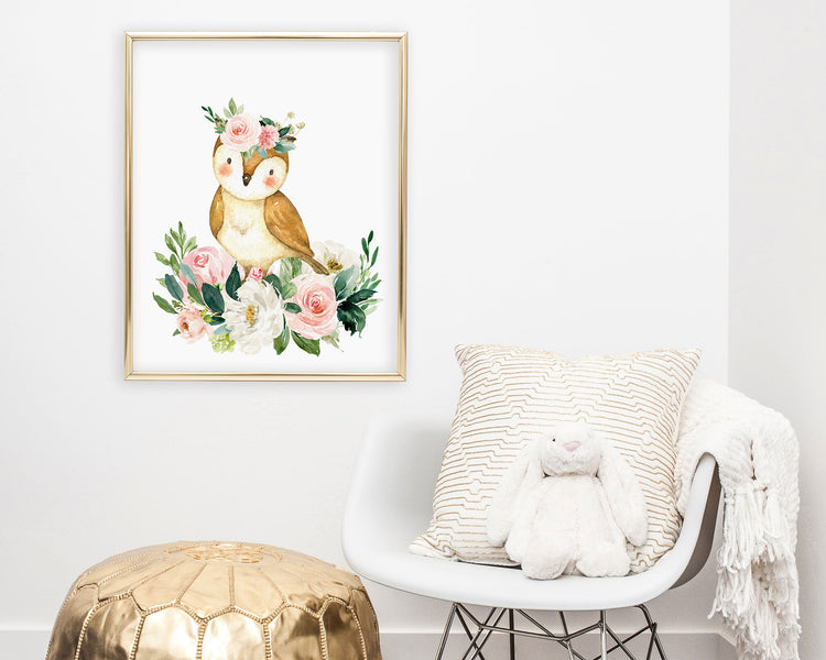 Watercolor Boho Flower Crown Owl Printable Wall Art, Digital Download