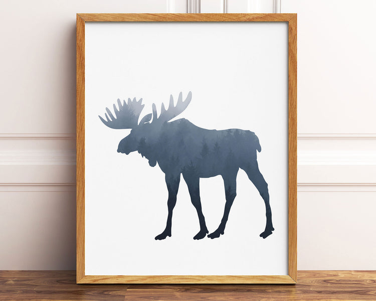Foggy Blue Forest Moose Silhouette Printable Wall Art, Digital Download