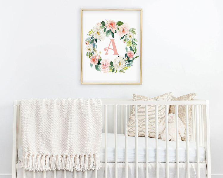 Watercolor Blush Floral Initial A Printable Wall Art, Digital Download