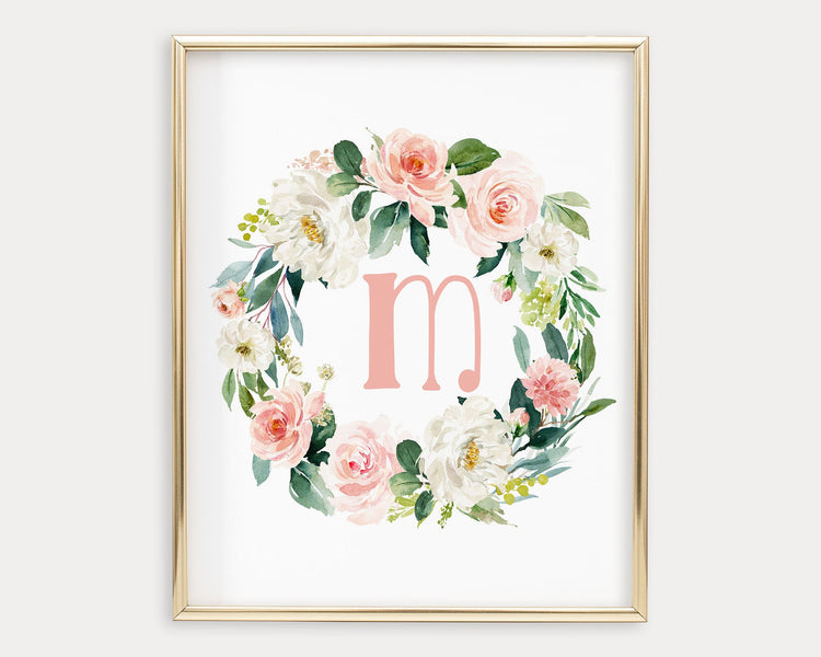 Watercolor Blush Floral Initial M Printable Wall Art, Digital Download