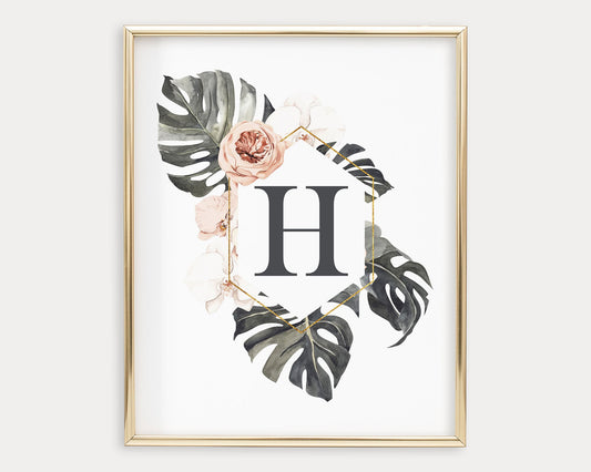 Tropical Floral Letter H Monogram Printable Wall Art, Digital Download